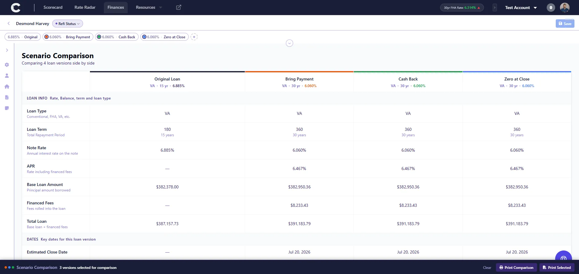 Cadence refi tool scenario comparison